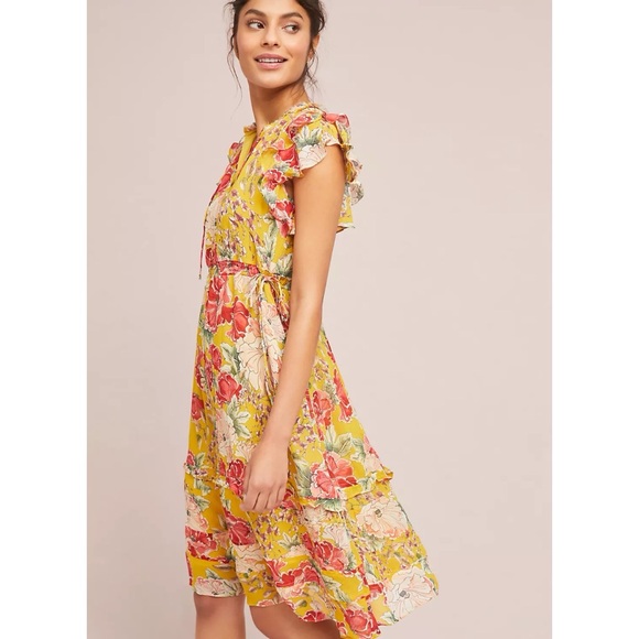 Anthropologie Dolan Left Coast Ellory Silk Dress Floral Yellow Ruffle XS - Picture 6 of 15